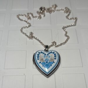 Silver Delft blue and white floral heart photo locket with Sterling  Necklace
